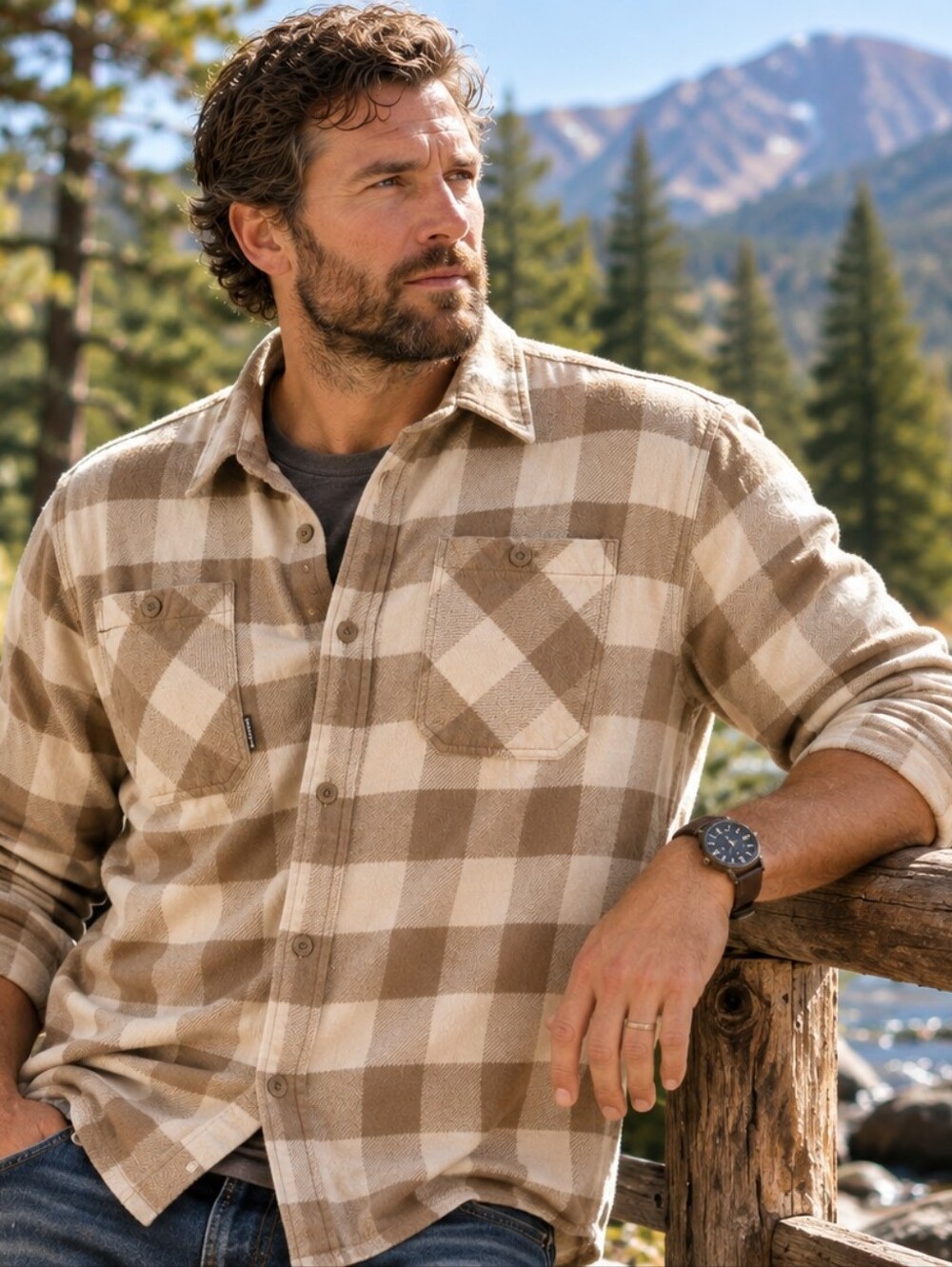 Bearded Goat Ozark Utility Flannel Shirt Tan Buffalo Plaid Long Sleeve Sz Large